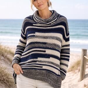 Elan Medium Chunky Beach Sweater Hooded Pullover Blue Striped Gorpcore